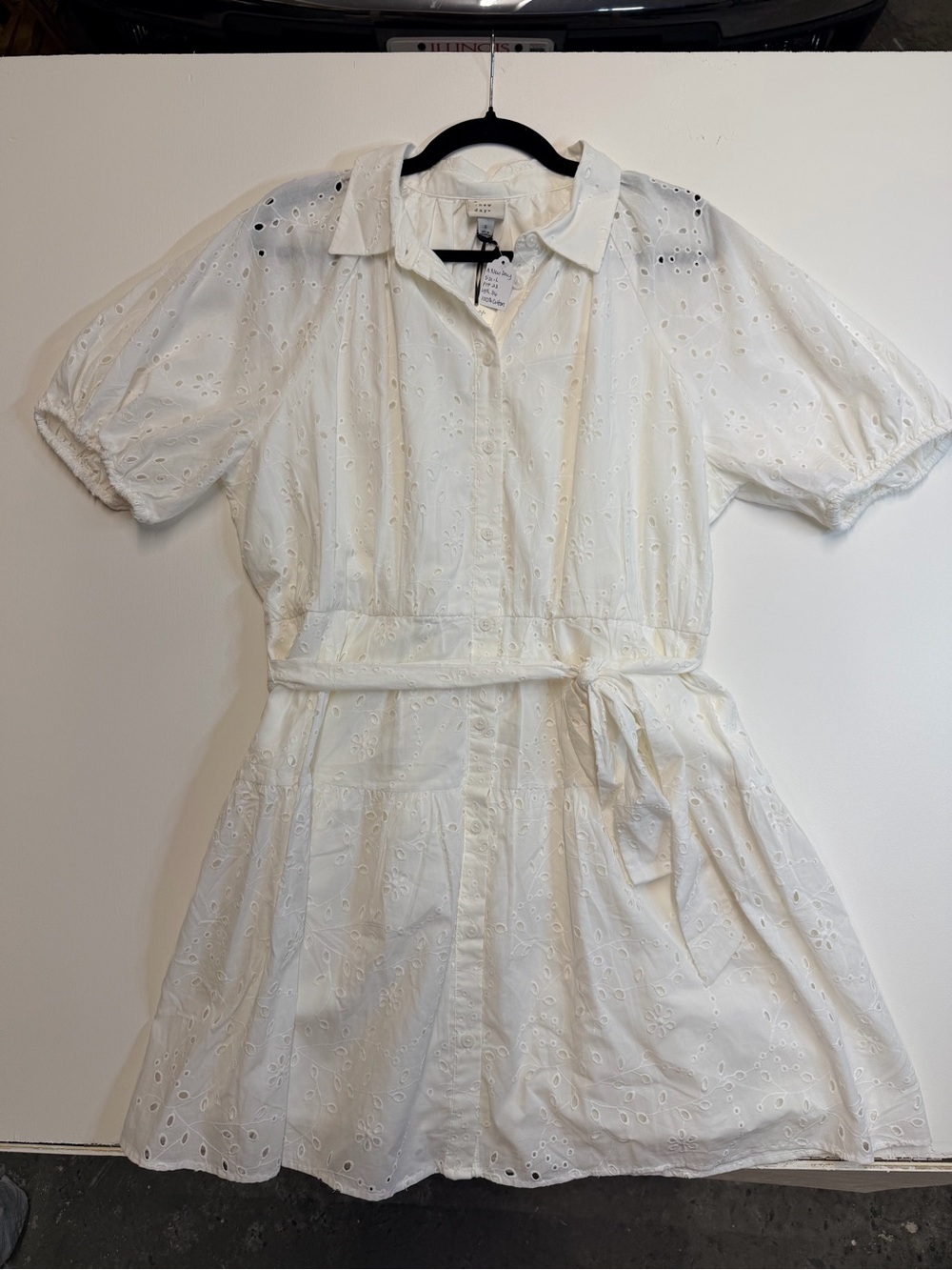 W124 a new day White Eyelet Short Sleeve Shirt Dress with Tie Waist